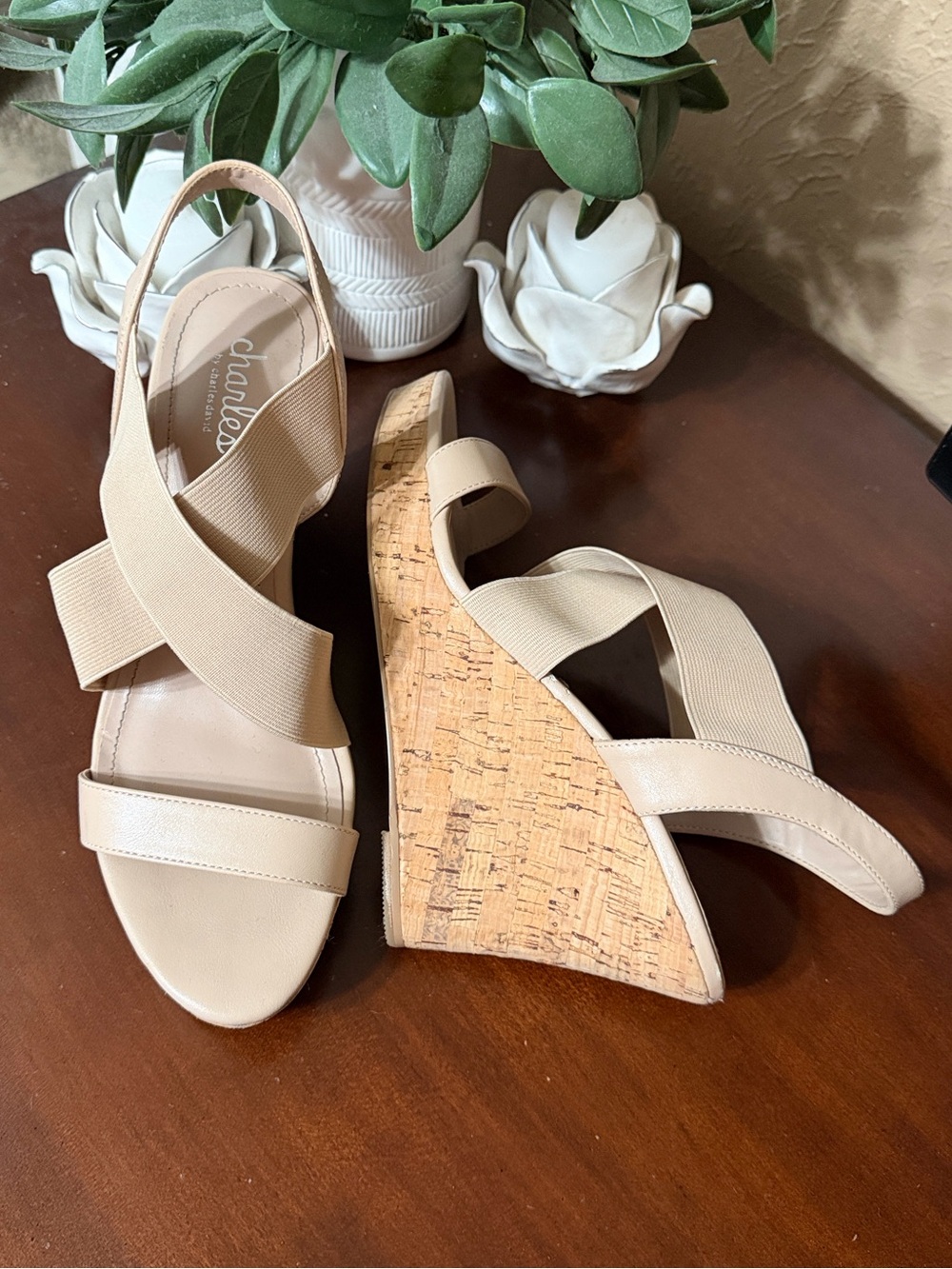 Charles by Charles David Neutral Nude Cork Wedge Slingback Sandals Size 8.5